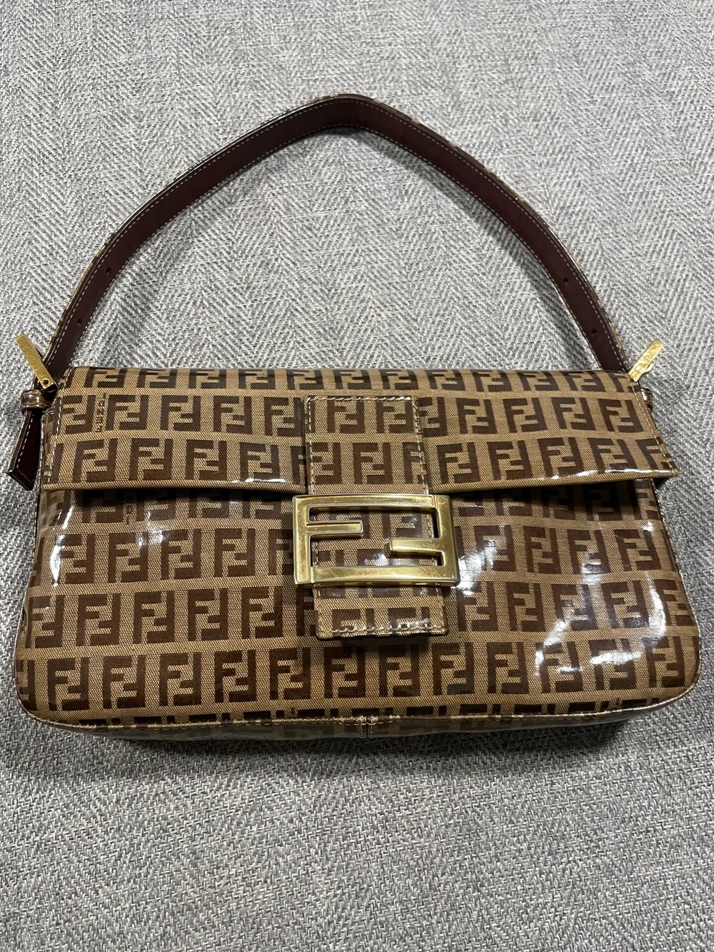 Fendi Brown FF Logo Patent Leather Baguette Shoulder Bag
